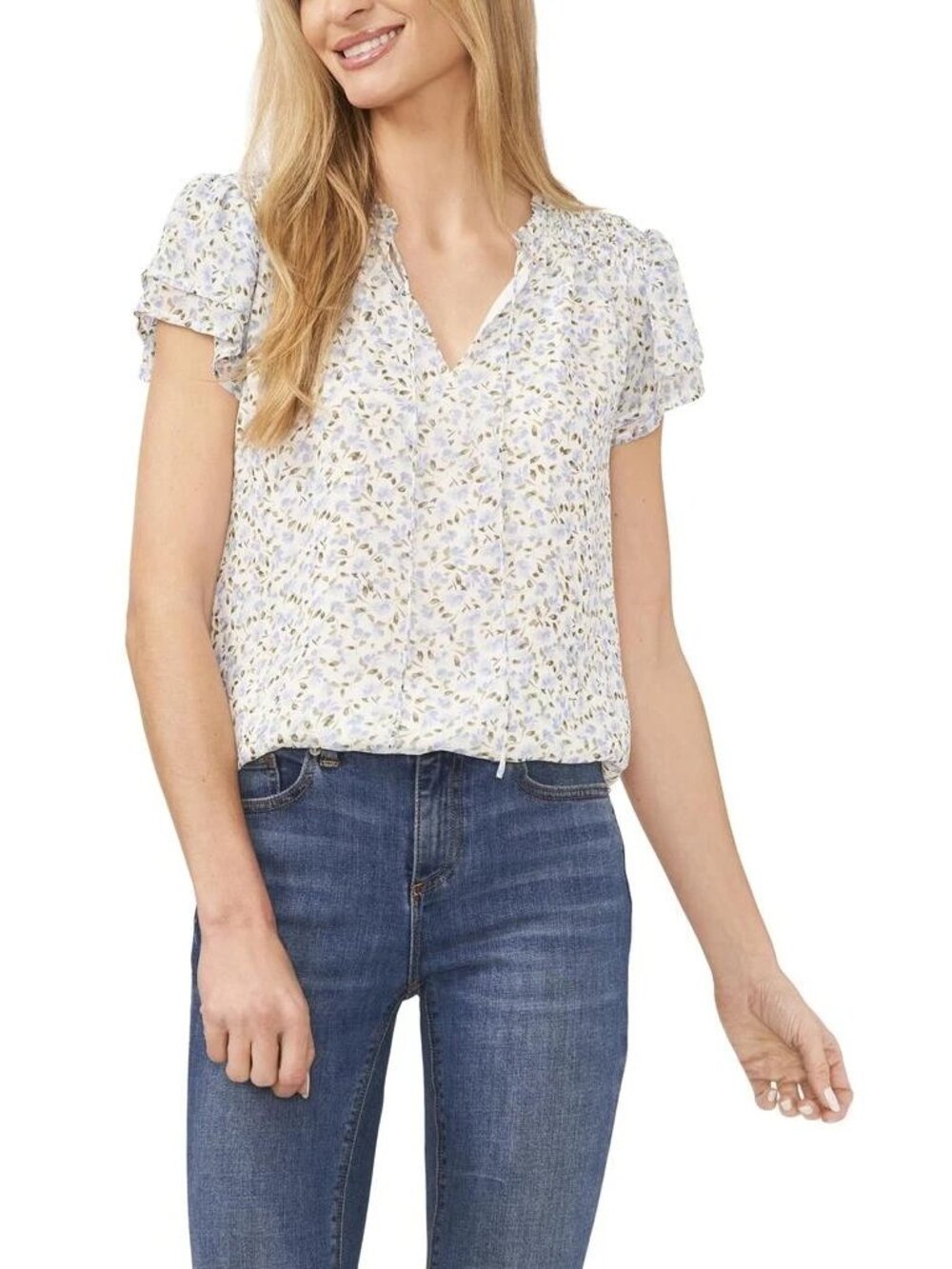 CeCe Floral Short Sleeve Tie V-Neck Blouse